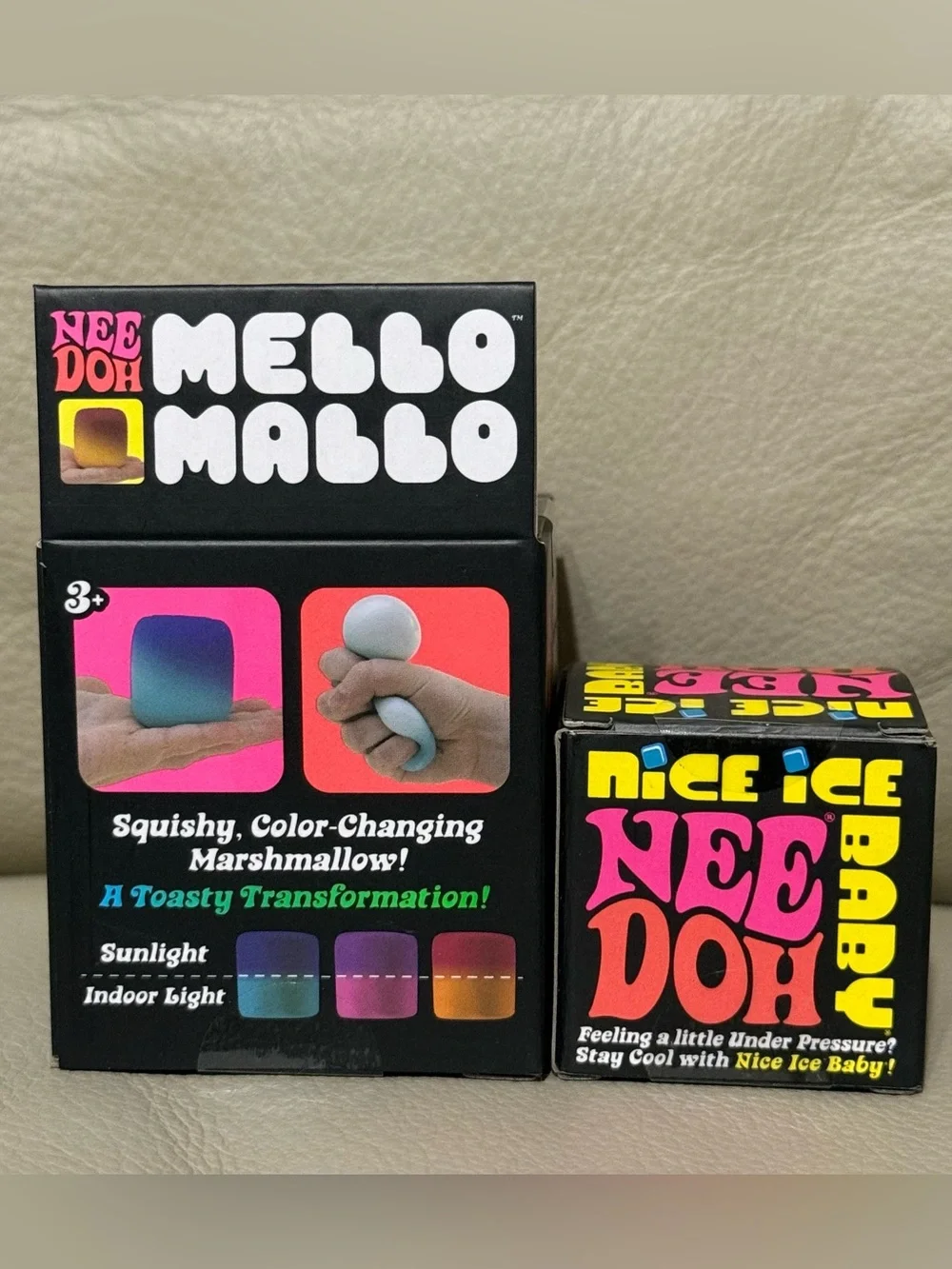 NEW NeeDoh YELLOW Mello Mallo Color Changing Squishy & Purple Nice Ice Baby Cube